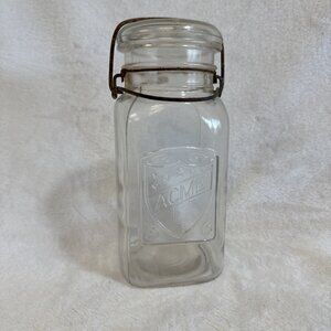 Vintage ACME Square Clear Quart Mason Canning Jar‎ With Glass Lid & Wire Bale